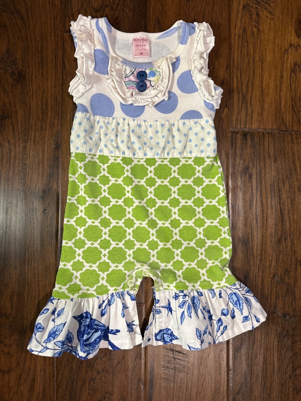 Giggle Moon Green and Blue Mixed-Print Romper